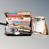 Two boxes containing material, patchwork pieces, vintage tennis racket etc.