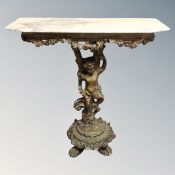 A gilt wood marble topped cherub hall table.