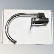 A vertical swan neck sink mixer tap, boxed.