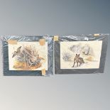 Two signed limited edition colour prints after Boye, depicting foxes and snipe, each 49cm by 36cm.