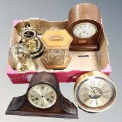 A box containing early 20th century and later mantel clocks.