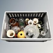 A crate containing assorted ceramics and glassware including Toby jugs by Royal Doulton and