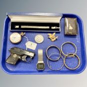 A tray of collectables to include gold plated pocket watch, German starter pistol (af),