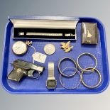 A tray of collectables to include gold plated pocket watch, German starter pistol (af),