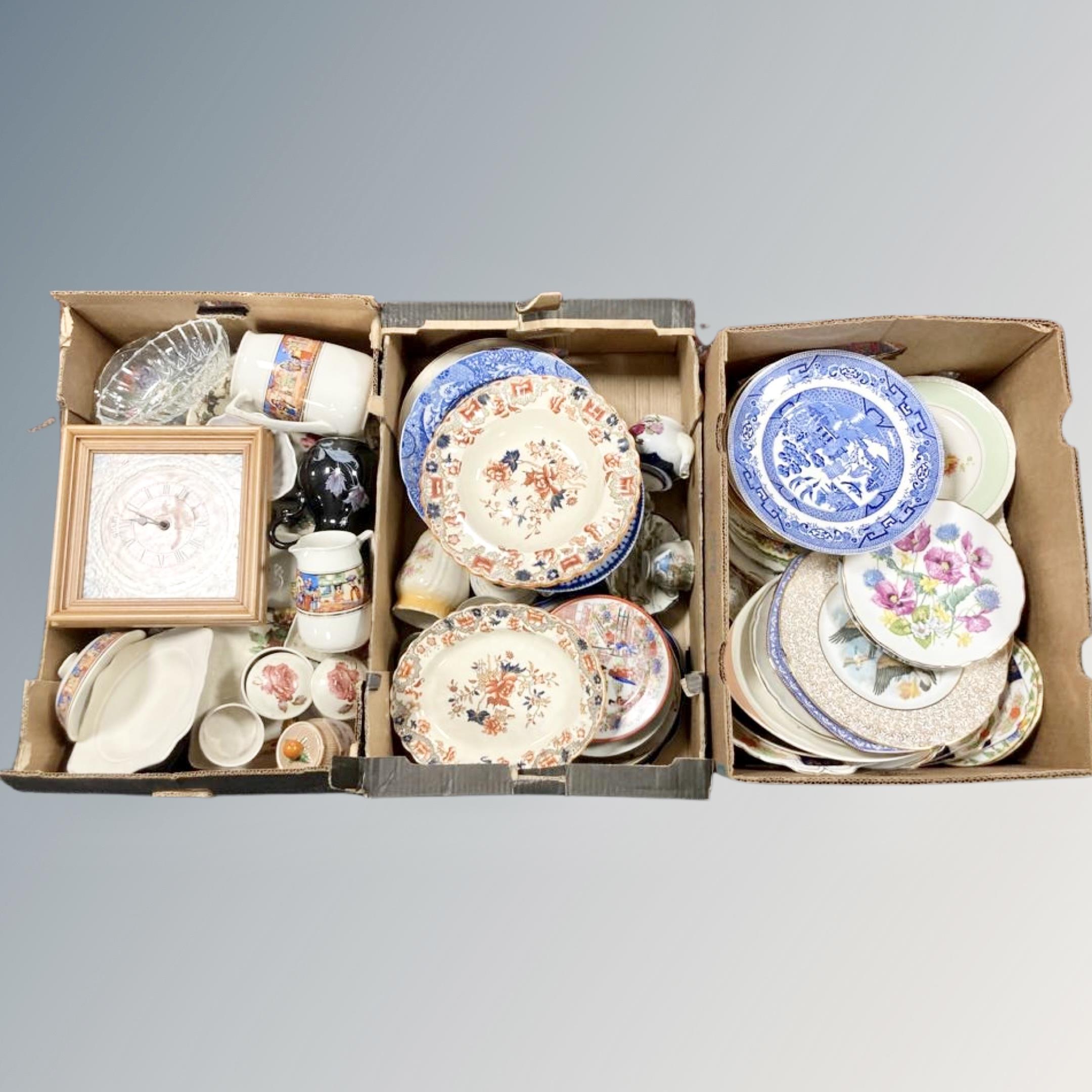Three boxes of antique and later china plates, Copeland china etc.