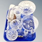A tray of crystal and glass including ship in bottle, crystal bowl etc.