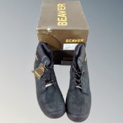 A pair of Beaver leather steel toe capped safety boots and a pair of black shoes, both size 4.
