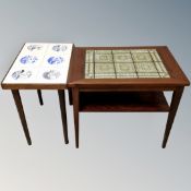 A 20th century Danish two tier tile topped occasional table together with a further tile topped