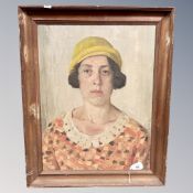 Danish School : Portrait of a lady wearing a yellow hat, oil on canvas, 39cm by 52cm.