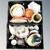 Two crates containing assorted ceramics including Le Creuset oven dishes, assorted tea ware etc.