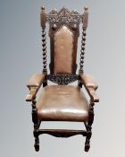 An Edwardian heavily carved oak barley twist throne chair CONDITION REPORT: