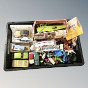 A crate containing a quantity of 20th century die cast vehicles including a Tonka road paver,