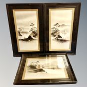 Three Japanese style prints in ebonised frames
