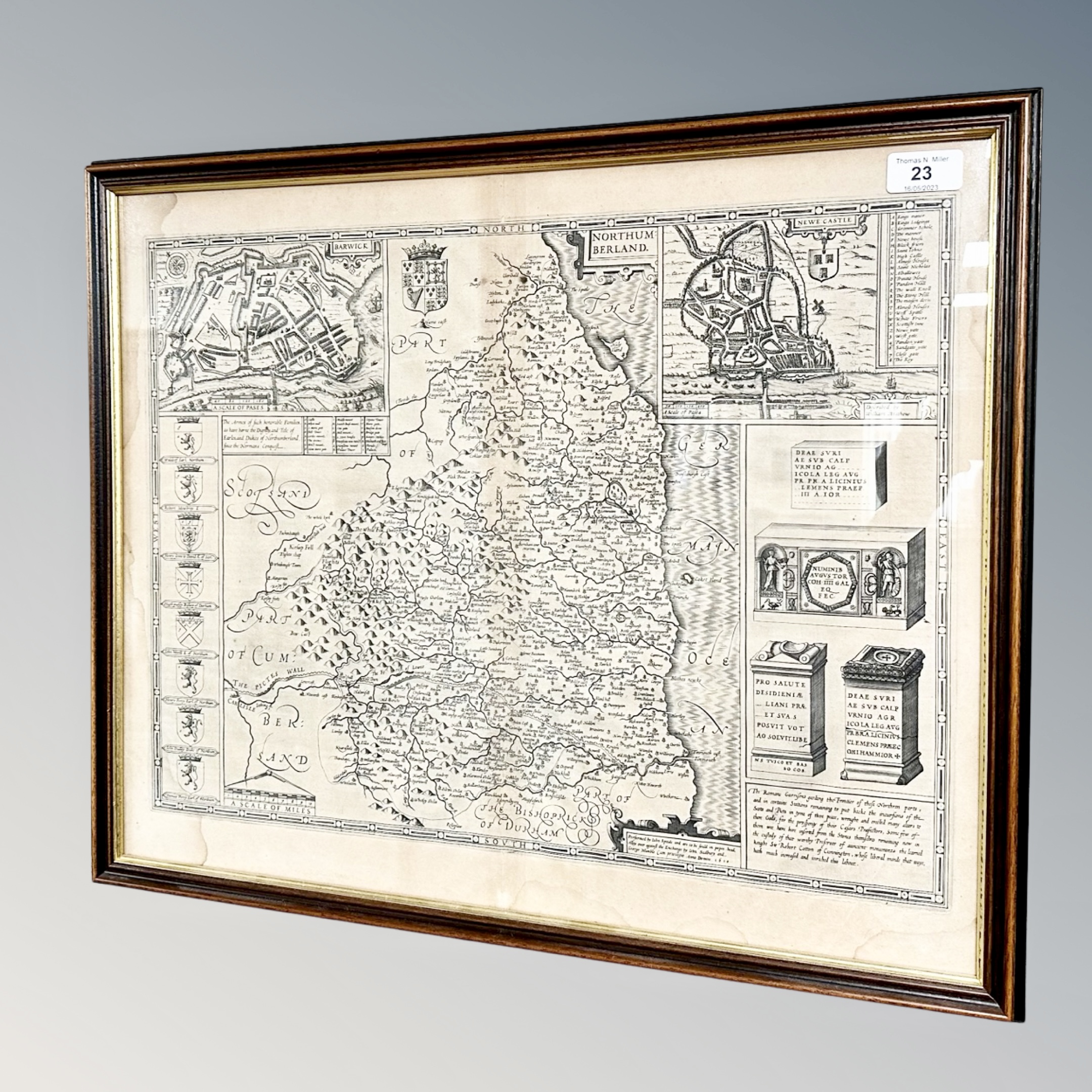 A map of Northumberland by John Speede, 1610, showing a plan of the city of Newcastle,