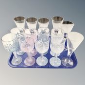 A set of eight decorative Paul Masson twist stem two tone wine glasses together with a further set