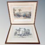 Two colour prints depicting Holy Island and Alnwick, in frames and mounts.