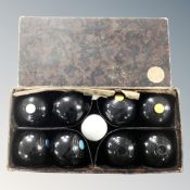 A set of vintage carpet boules, boxed.