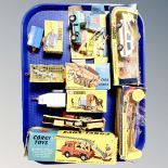A tray containing 20th century Corgi toys, Police Range Rover, Skorsky Sky Crane helicopter,