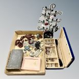 A quantity of costume earrings on stand together with two boxes of costume jewellery,