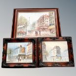 Three oil paintings by Burnett depicting scenes of Paris, in frame.