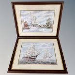 Two Ron Thornton signed prints depicting tall ships, in frames and mounts.