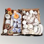 Two boxes of assorted ceramics to include antique tea ware, Ringtons, willow pattern,