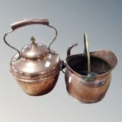 A 19th century copper and brass kettle together with a miniature swing handled coal bucket.