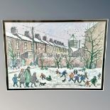 Norman Stansfield Cornish MBE (1919-2014) Spennymoor street scene with children playing in the snow,