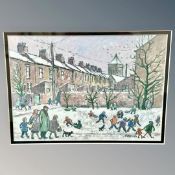 Norman Stansfield Cornish MBE (1919-2014) Spennymoor street scene with children playing in the snow,