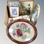A 19th century tapestry in a mahogany frame together with assorted prints,