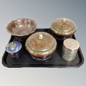 A tray containing three cloisonne lidded pots on stand together with a further cloisonne scallop