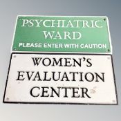 Two cast iron wall plaques, psychiatric ward and women's evaluation centre.