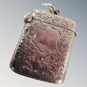 An antique etched silver vesta case, Birmingham hallmarks.