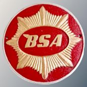 A cast iron wall plaque, BSA motorcycles.