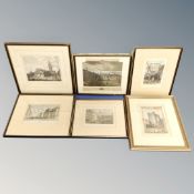 A box containing six antiquarian colour etchings including scenes of Newcastle, all framed.