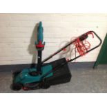 A Bosch Rotak 320ER electric lawnmower with lead and grass box together with a Bosch AHS41 ACCU