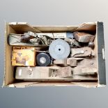 A box of vintage woodworking tools, Stanley Bailey plane,