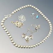 A quantity of silver jewellery including a pair of opal earrings, a bead necklace etc.