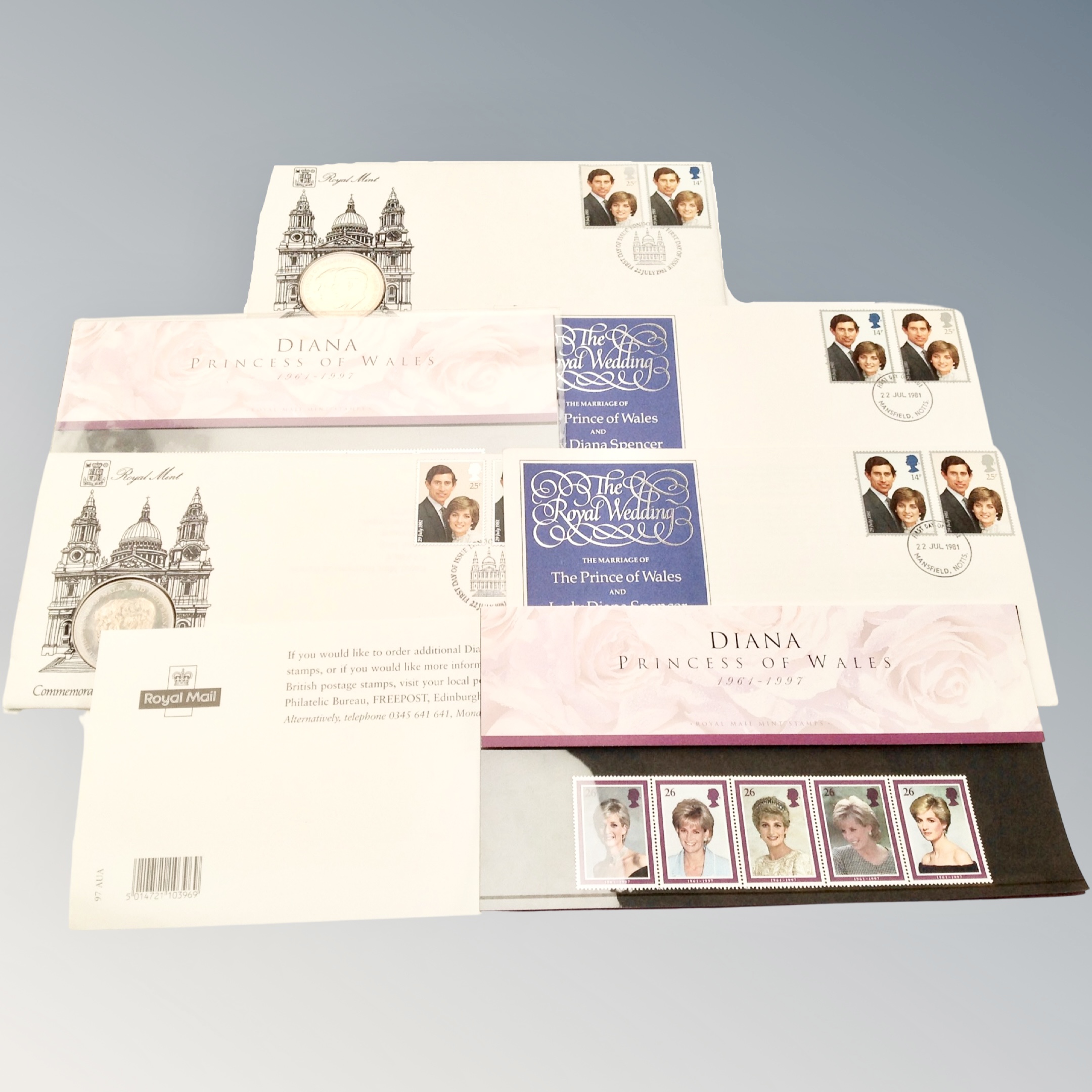 Six envelopes containing stamps and coins depicting Charles and Diana.