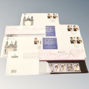 Six envelopes containing stamps and coins depicting Charles and Diana.