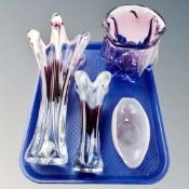 A tray containing three continental two tone glass vases together with an opaque glass dish.