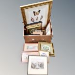 A box of a quantity of framed pictures and prints to include colour etchings, signed prints,