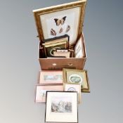 A box of a quantity of framed pictures and prints to include colour etchings, signed prints,