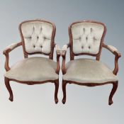 A pair of carved beech framed salon armchairs in green dralon