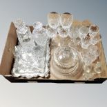 A box containing 19th century and later glassware including cheese dish with cover,