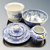 A tray containing assorted blue and white ceramics including Masons bowl, Spode tea and dinnerware,