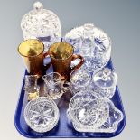 A tray containing assorted glassware including a lead crystal bowl and a lidded biscuit barrel,