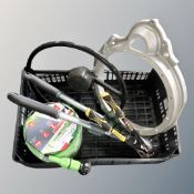 A box of Magic Soft expandable hose (new), bolt cutters, hedge cutters, vintage steering wheel,