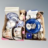 Two boxes of assorted ceramics to include antique and later blue and white tea ware,