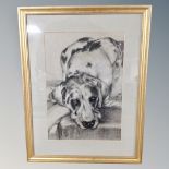 A charcoal study of a dog in frame and mount.